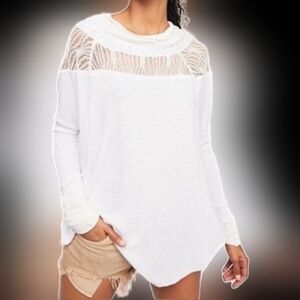 Free People Spring Valley Lace Waffle Top 100%Rayon Ivory/Off Whit Oversized M/L